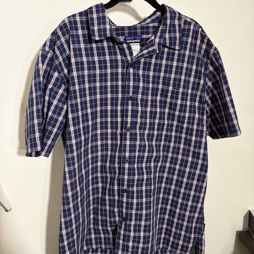 Patagonia Navy and White Plaid Short-Sleeve Button-Down Shirt